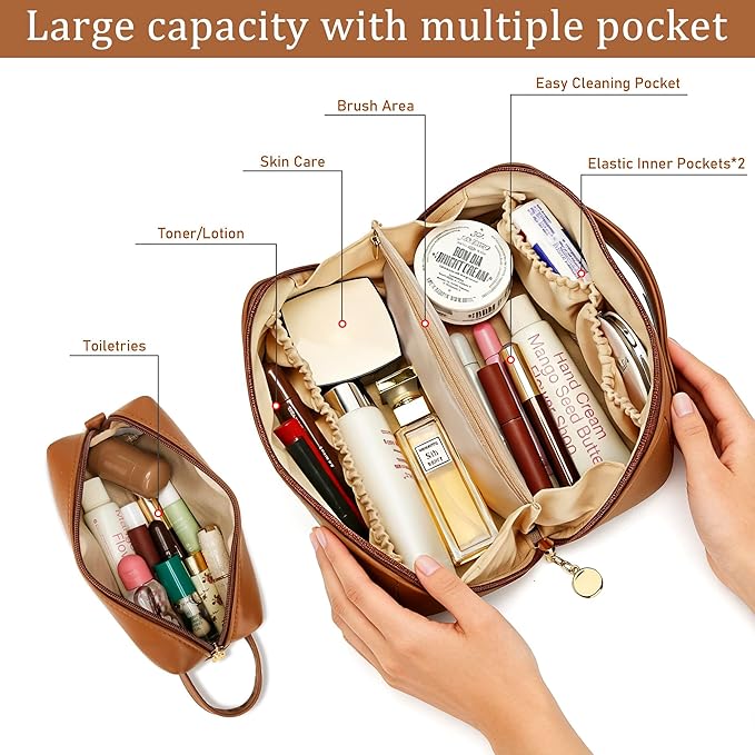 KKXIU Initial Makeup Bag for Women - Personalized Makeup Bag Gifts for Women, Travel Toiletry Bag with PU Leather, Open Flat Design with Top Handle, Cosmetic Bag Set with Multi-Pocket (Brown,R)