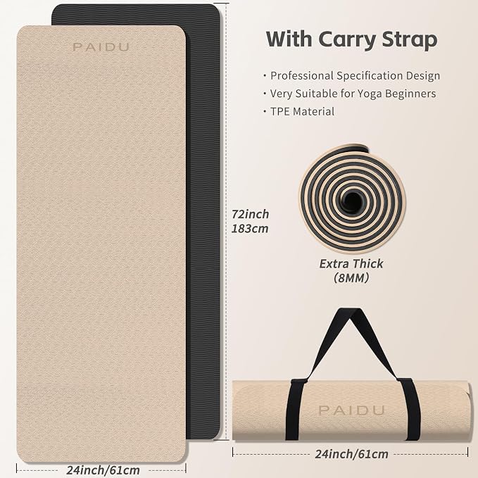 PAIDU Yoga Mat 8mm Super Thick TPE Fitness Mat | SGS Certified | Non-Slip, Odorless & Tear-Resistant | Unisex with Strap | for Yoga, Pilates, Meditation & Home Workouts