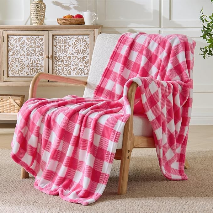 BEDELITE Plaid Fleece Throw Blanket, Pink & White Buffalo 50x60 Throw | 100% Polyester Microfibe, Soft Cozy, Lightweight Warm, Classic Buffalo Plaid, Room Decor, Gift for Women Girls, for Couch Bed