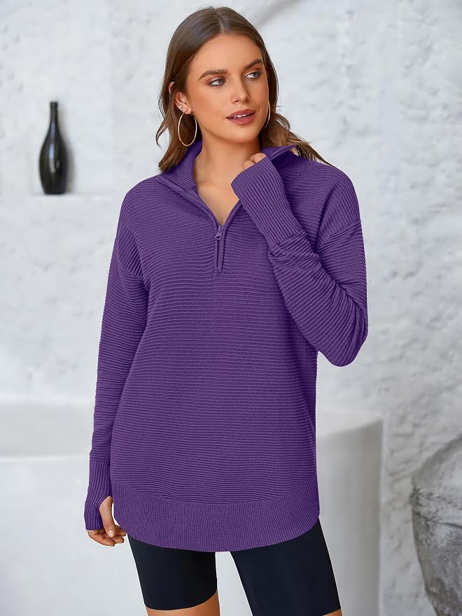 PRETTYGARDEN Womens Long Sleeve Quarter Zip Pullover Sweater Casual Loose V Neck Collared Ribbed Knit Jumper Tops Thumb Hole