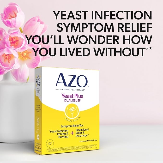 AZO Yeast Plus Dual Homeopathic Yeast Infection Symptom Relief for Women–Vaginal Itching & Burning + Odor & Discharge, Intimate Health Tablets, 2 Pack (60 Count x2), from the #1 Vaginal Health Brand!