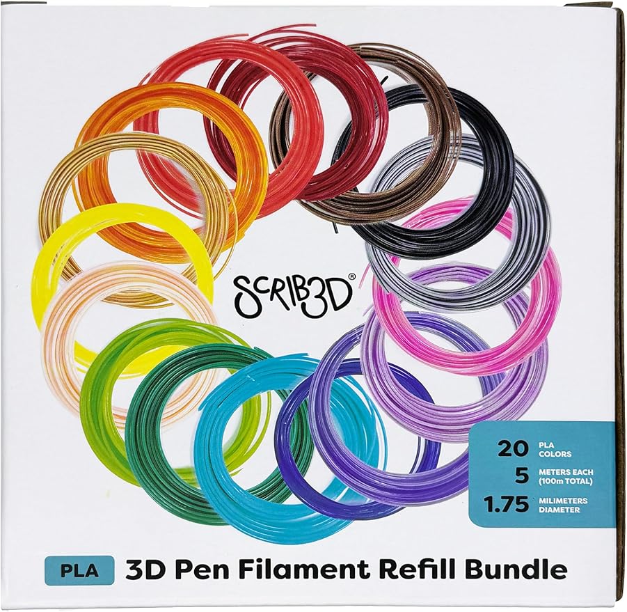 SCRIB3D Pen Filament Refills, 20 Colors, 320 Feet, 1.75mm PLA, Works with SCRIB3D, PIKA3D, MYNT3D and Most Other 3D Printing Pens