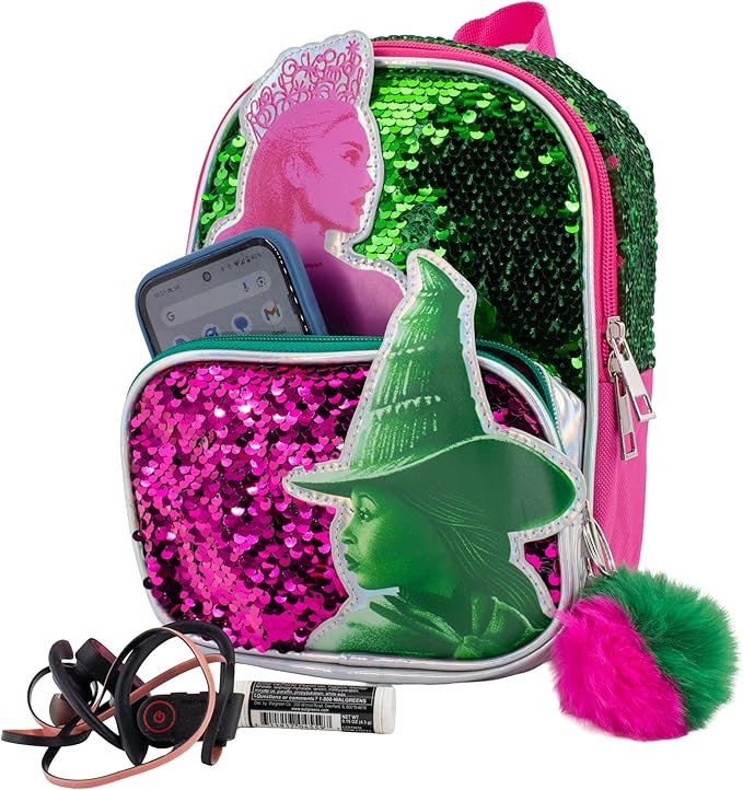 AI ACCESSORY INNOVATIONS Wicked 9” Micro Mini Backpack Purse Featuring Glinda & Elphaba 3D Character Patches, Shiney Sequins, & Pompom Dangle