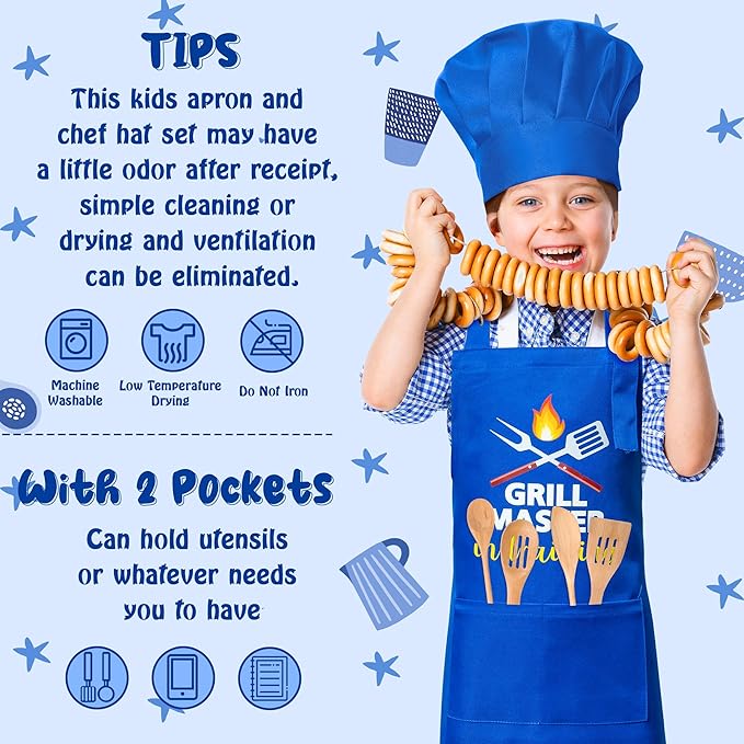 R HORSE Kid Apron and Chef Hat Set 2Pcs Adjustable Children Dark Blue Kitchen Apron, Dress up Role Play Chef Toy Cooking Baking Painting and Training Kits Kid Funny Cooking Birthday Gift for Kids
