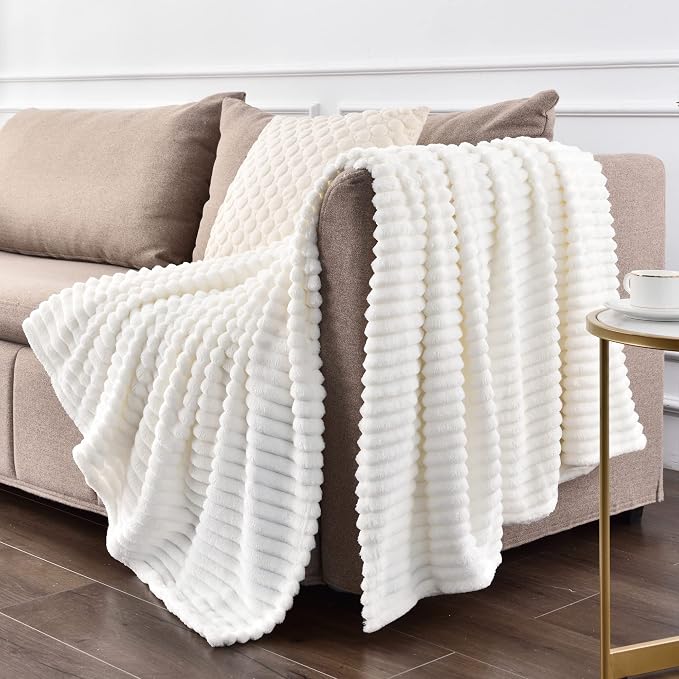 BEDELITE Ribbed Jacquard Off White King Size Blankets for Bed, 108x90 Inch | Soft Warm Decorative Fluffy Blanket, Cozy Fuzzy Lightweight Plush Fleece Throw Blankets for Bed, Room Decor, Gift for Women