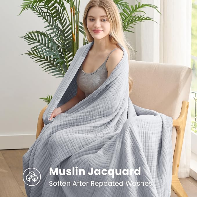 Love's cabin 100% Cotton Muslin Blanket, 6 Layer Lightweight Breathable Gauze Queen Size Blanket 90 x 90 Inches, Soft All Season Blanket for Bed, Light Grey