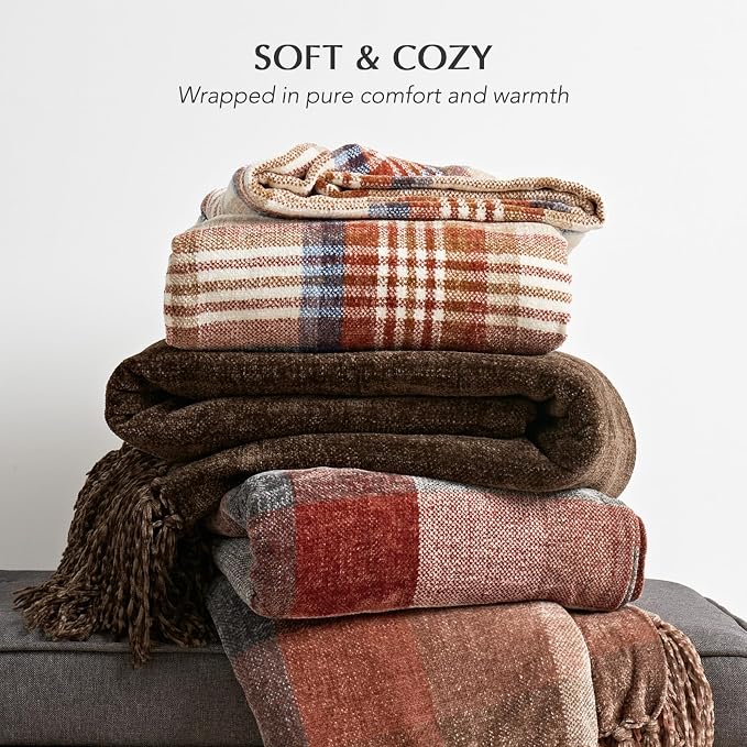 Plaid Chenille Fall Throw Blanket, 50"x60", Harvest Plaid | Super Soft Knit Throw with Tassels, Cozy, Decorative Rustic Farmhouse Decor for Autumn, Ideal for Couch Bed Sofa Gift