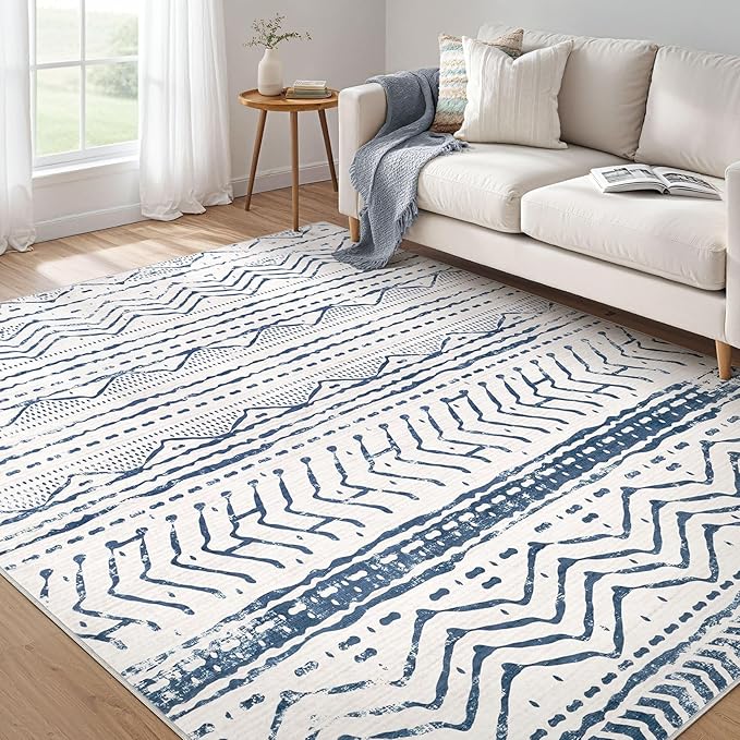 Nakagishi Boho 5x7 Area Rug Living Room Rugs Machine Washable Navy Blue | Soft, Pet & Kid Friendly, Carpet for Living Room/Bedroom/Office/Kitchen/Nursery, Daily Home Decor Stain Resistant Moroccan