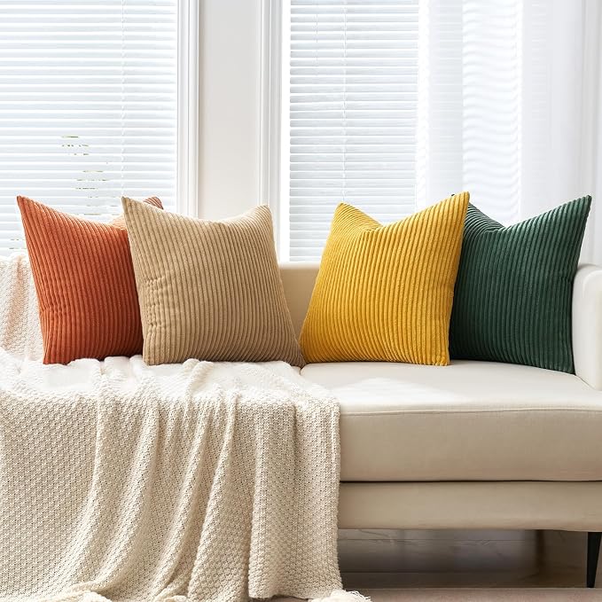 MIULEE Fall Corduroy Decorative Throw Pillow Covers Green-Rust 18x18 | Set of 4, Vintage Retro Fall Decor, Earthy Yellow Tones, Vibrant Cushion Covers for Sofa Couch Bed Living Room