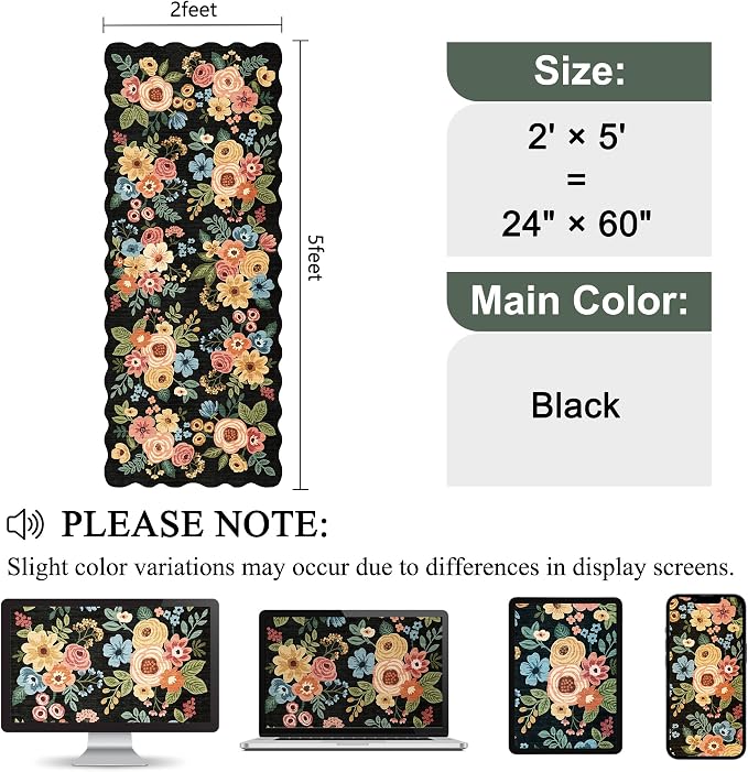 DUKINO 2x5 Washable Runner Rug, Floral Non Slip Rug for Kitchen, Black | Soft, Low Pile, Non-Shedding Throw Rug Runner for Hallway, Entryway, Bedroom, Bathroom, Pet Friendly, Home Decor, Lightweight