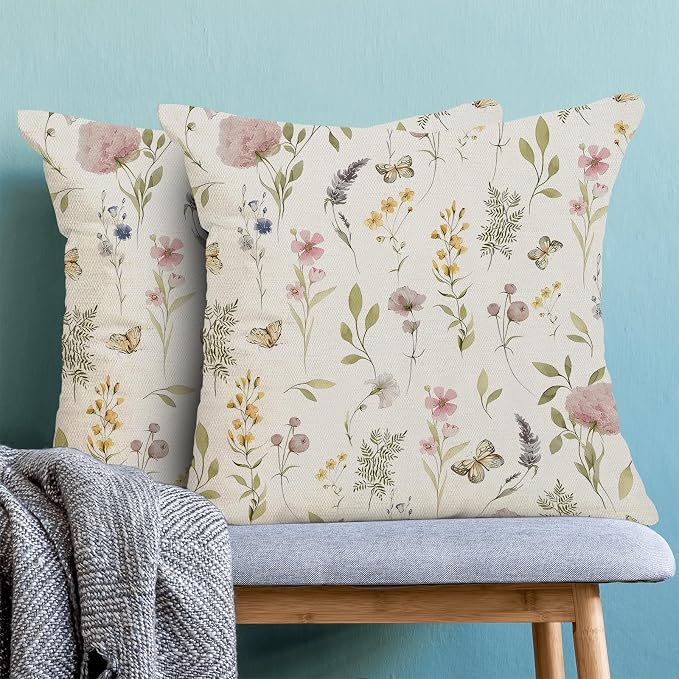 Spring Pillow Covers 18x18 Inch Set of 2, Sage Green Pink Wild Flower Throw Pillows Case,Colorful Seasonal Floral Plant Outdoor Decorative Farmhouse Decor Cushion Covers for Home Sofa Bed Couch