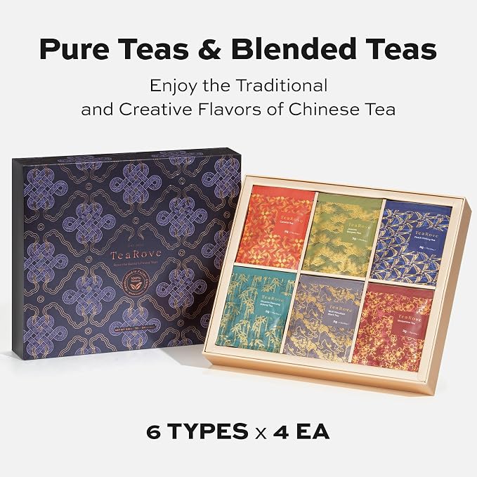 TeaRove Fancy Tea Gift Set with Gold-Foil Presentation Box, 24 Assorted Variety Pyramid Infuser Bags, 6 Flavors Handcrafted Black, Oolong, Jasmine Green, Herbal Chinese Tea Sampler Gift Set Box for Tea Lovers
