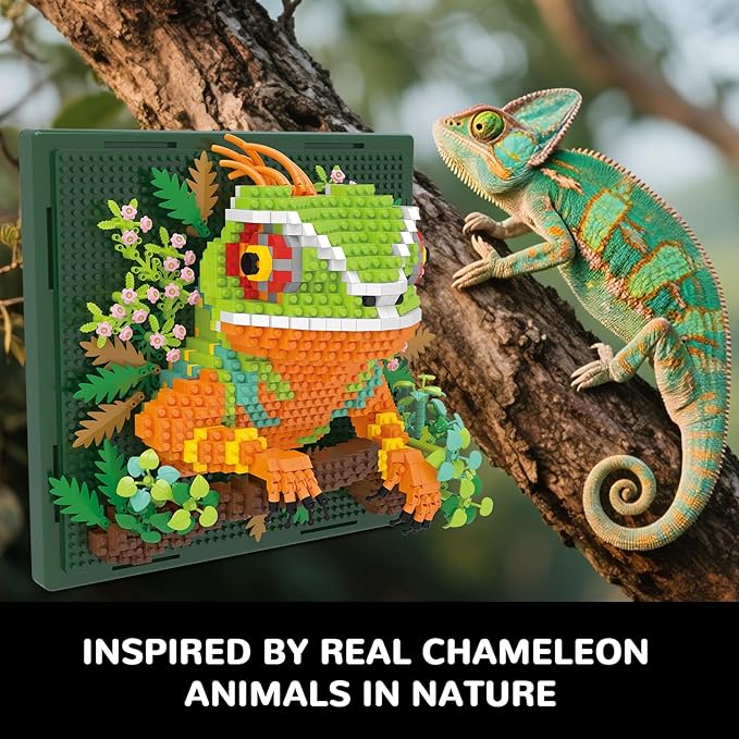 Chameleon Animal 3D Wall Art Micro Mini Building Blocks Set, Unique Home Wall Decor or Table Display, No Compatible with Lego Set, Ideal Gift Toy for Adults Boys Girls (1376 PCS)