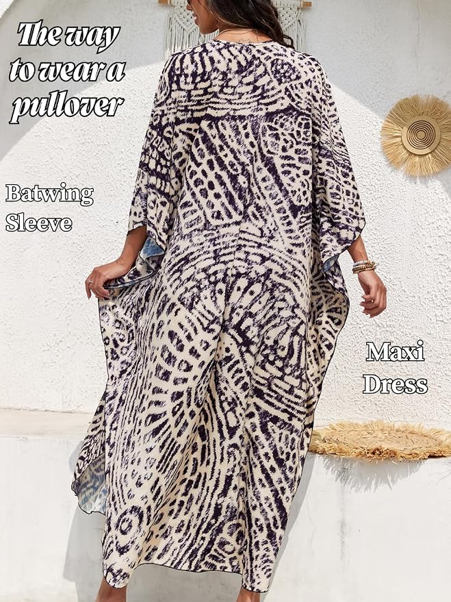 ChiaoLezhee Print Moo-Moos for Women, Kaftan Cover-Up Dresses, Sexy V-Neck High-Slit, Beach Pool-Party Coverups Muumuu Plus