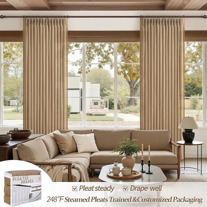 Extra Long Rust Brown Semi Sheer Living Room High Ceiling Curtains 108 Inch 2 Panels Set, Memory Shape Pinch Pleated Linen Blend Light Filtering Elegant Curtain & Drapes for Large Window 40"W x 108"L