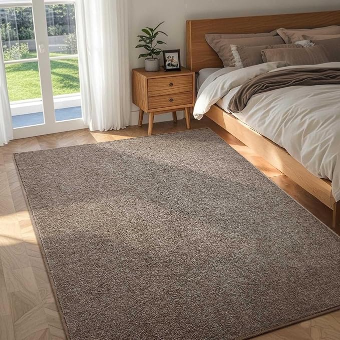 FinRèc 4x6 Washable Area Rugs for Bedroom Living Room, Low Pile Thin Rug Solid Color, Non-Slip Carpet Indoor for Home Decor (Brown/White)
