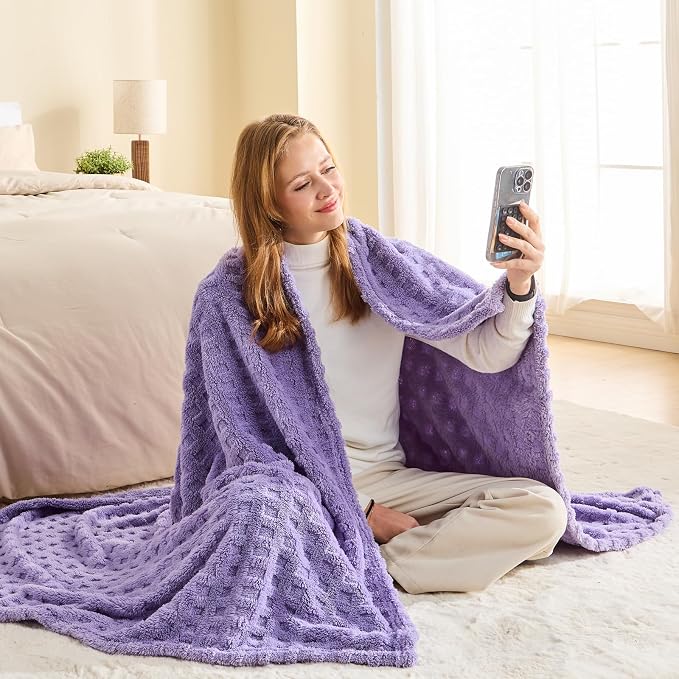 NEWCOSPLAY 3D Waffle Checkered Flannel Queen Blanket, Lavender, 90"x90" | Super Soft Cute Lightweight Decorative Premium Silky Fleece Blanket for Couch Sofa Bed, Gift for Women Men, All Season Use