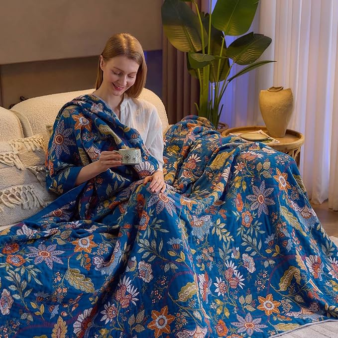 XIBLC Fall Throw Blanket for Couch, Blue Boho Decorative Throw Blanket, 100% Cotton Muslin Breathable Woven Farmhouse Blankets Quilt, 80"x90" Reversible Lightweight Blankets Bohemian Throw Quilt