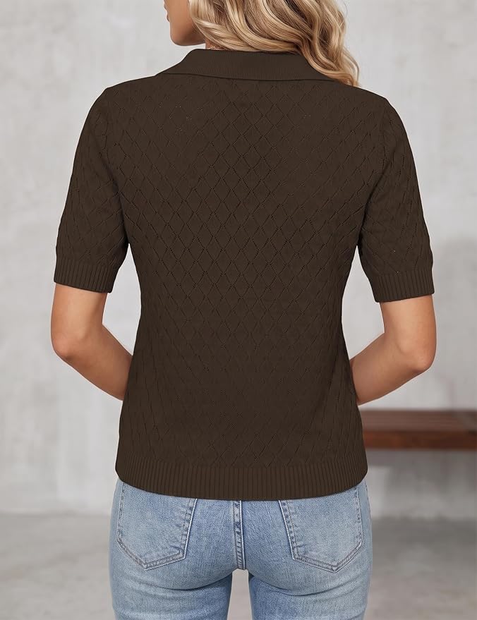 Rapbin Womens Short Sleeve Knit Polo Shirts Summer Spring Sweater Tops | Classic V Neck Collared Shirts Lightweight Business Casual Basic Fashion Pullover Polo Sweater for Work Formal Daily Wear