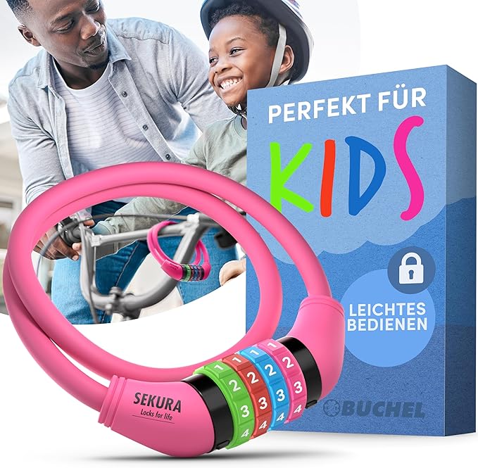 Büchel Bike Locks Cable for Kids - Colorful & Keyless - Secure Your Child's Bike - Easy-to-Use Bicycle Accessory, High Security 5 Digit Resettable Combination Coiling Bicycle Lock, Anti Theft