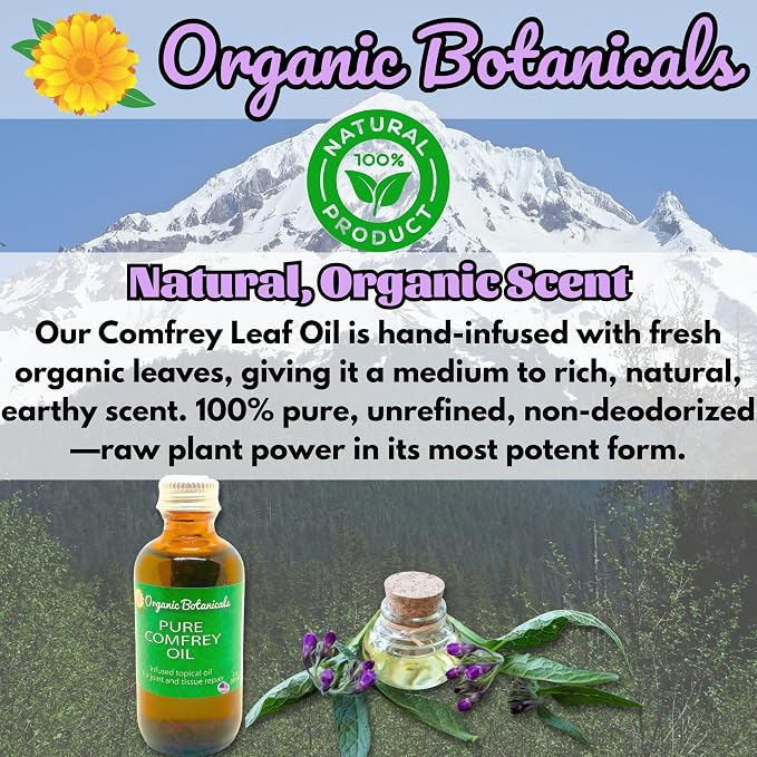Pure Organic Comfrey Leaf Infused Oil - Skin Care for Joints, Back, Muscles, Fractures, Bruises, and Minor Wounds, Natural Herbal Body Massage Oil, Certified Organic (8 oz)