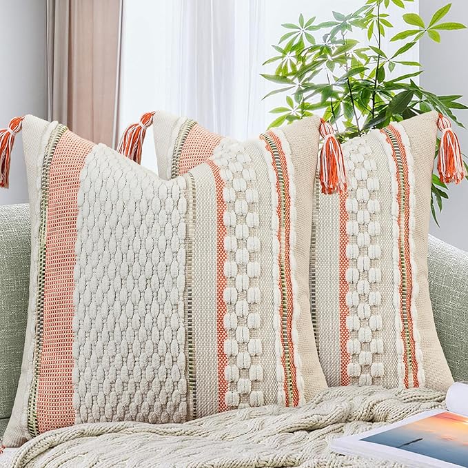Set of 2 Chenille Striped Textured Boho Throw Pillow Covers Aesthetic with Tassels Woven Decorative Pillow Case for Couch Bed Sofa Bedroom Modern Funky 18 x 18-Inch White Orange