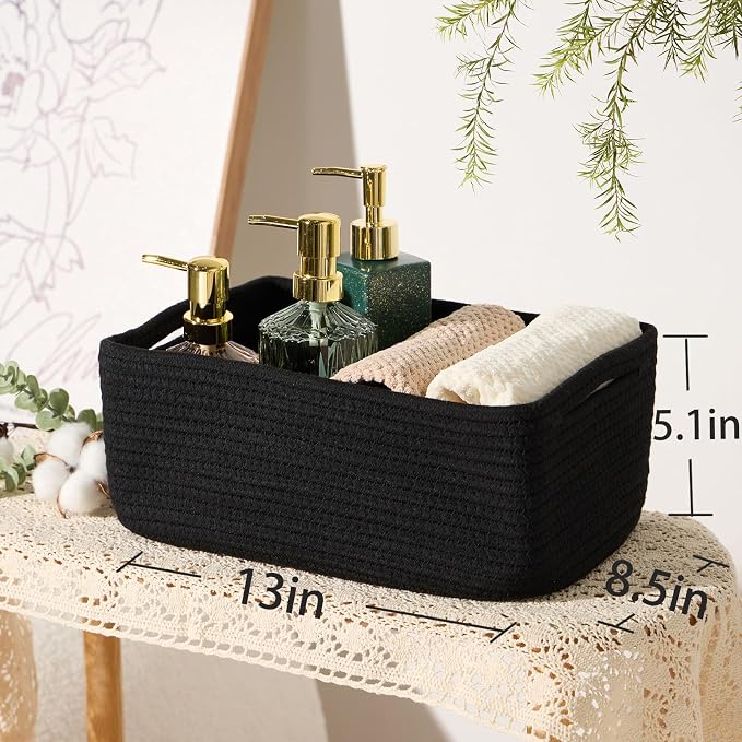 MiniArk Small Storage Baskets for Organizing | Closet Organizer Bins | Shelf Toy Basket | Woven Rope Baskets | Cube Decorative Box | Shallow Basket | 13x8.5x5.1” | 4 Packs Black