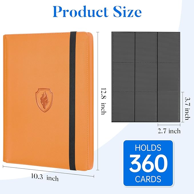 Premium 9 Pocket Card Binder for 360 Cards, Fabmaker PU Cover Trading Card Binder, Sturdy Card Collection Album, Sleek Card Holder Folders for Game Cards & Sports Cards, Orange