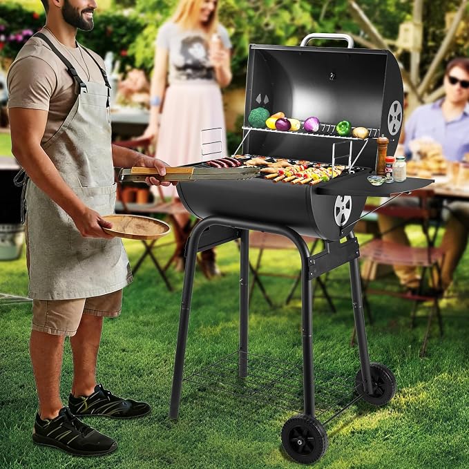 Charcoal Grill Outdoor BBQ Grill, Barrel Charcoal Grills with Side Table, with Nearly 500 Sq.In. Cooking Grid Area, Outdoor Backyard Camping Picnics, Patio and Parties, Black by DNKMOR