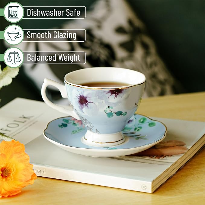 BTaT- Floral Tea Cups and Saucers, 6 Pack, 8 oz | Fine Porcelain Teacup Set Gold Trim Afternoon Tea Weddings Parties Gifting Dishwasher Safe Lightweight Non Toxic