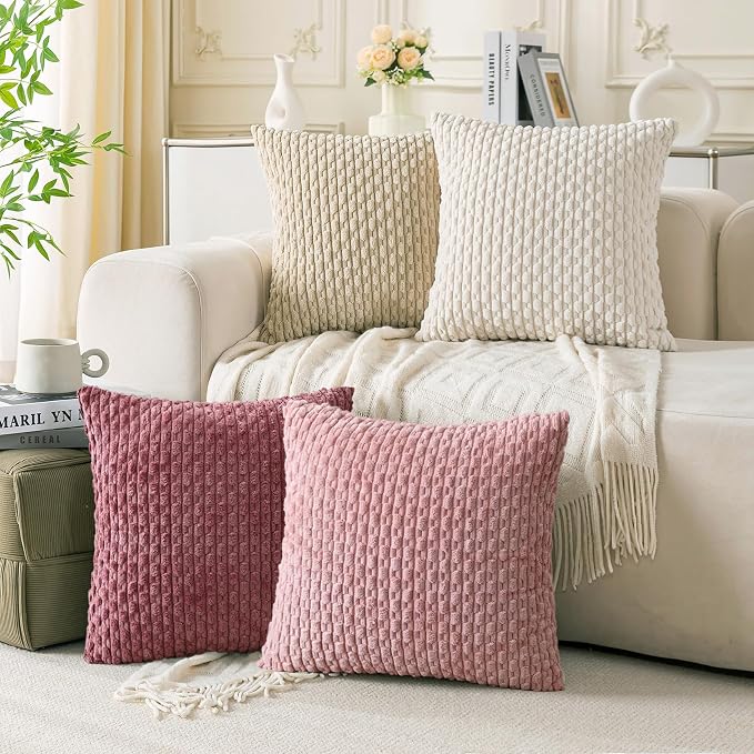 Set of 4 Pink Beige White Decorative Throw Pillow Covers 16x16 Inch Corduroy Pillow Covers for Bed Couch Sofa Living Room Soft Square Cushion Cases