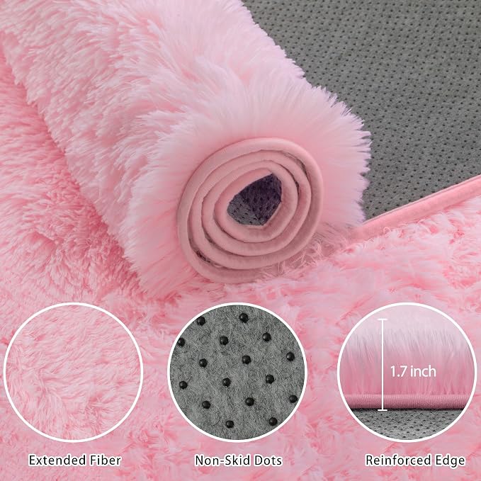 Fluffy Pink Area Rug for Bedroom Living Room Soft 8x10 Fuzzy Washable Rugs Non-Shedding Indoor Plush Rug for Nursery Kids Room Dorm Room Home Decor, High Pile Shaggy Floor Carpets(Pink 8'x10')