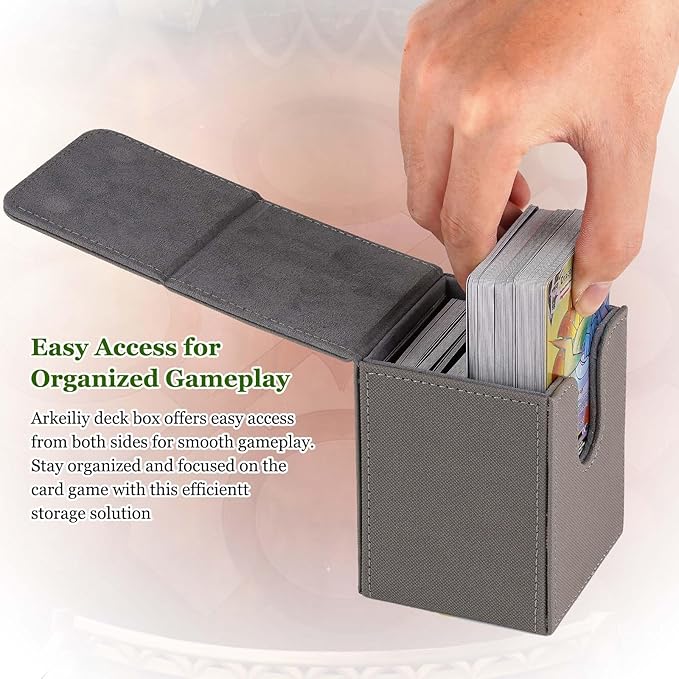 Arkeiliy MTG Deck Box with 50 Pcs Card Sleeve, 110+ Card Storage Leather Deck Box for Magic Commander, Collectible Trading Card Cases for Trading Card Games (Grey)