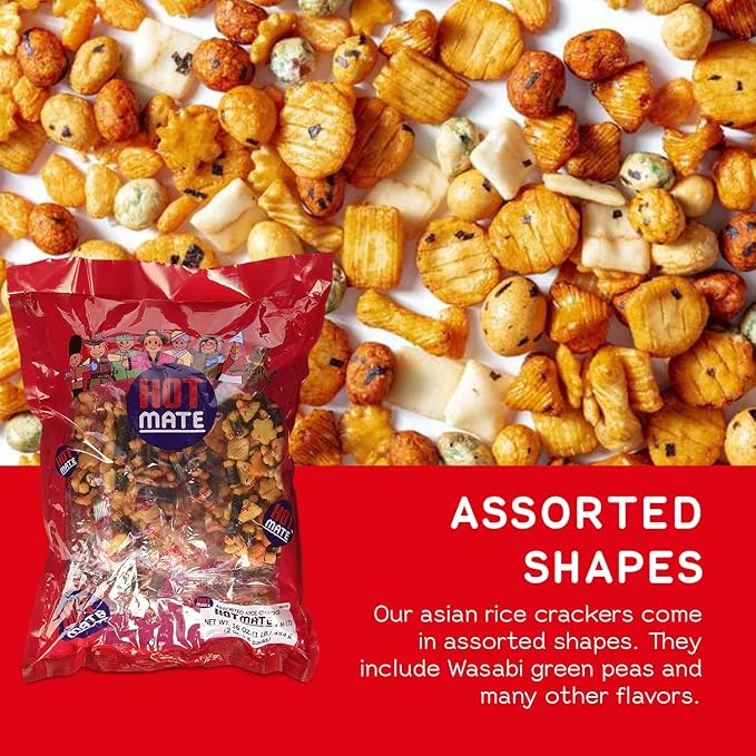 Shirakiku Hot Mate Japanese Rice Cracker | Oriental Asian Arare Rice Crackers with Glutinous Rice, Wasabi Green Peas, and Soy Sauce | Mixed Flavor, 16 oz. (Pack of 1)