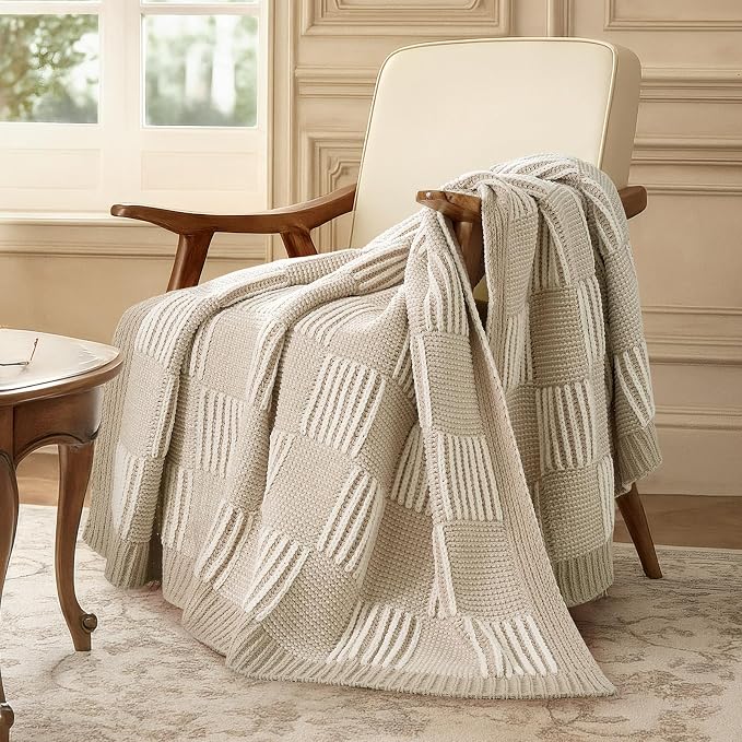 Knit Throw Blanket, Soft Chenille Cozy Breathable Dual Tone Checkered Chunky Decorative Blanket for Couch, Bed & Sofa, French Lightweight Warm Gift for Women, Beige, 60"x80"
