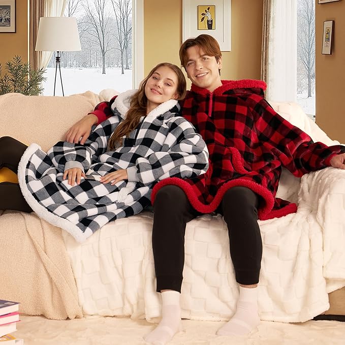 Giggling Getup Wearable Blanket Hoodie for Adults Gifts for Teen Girls Sister Women Sherpa Fleece Printed Hooded Blanket Sweatshirt Warm Cozy with Pocket & Sleeves Black Plaid