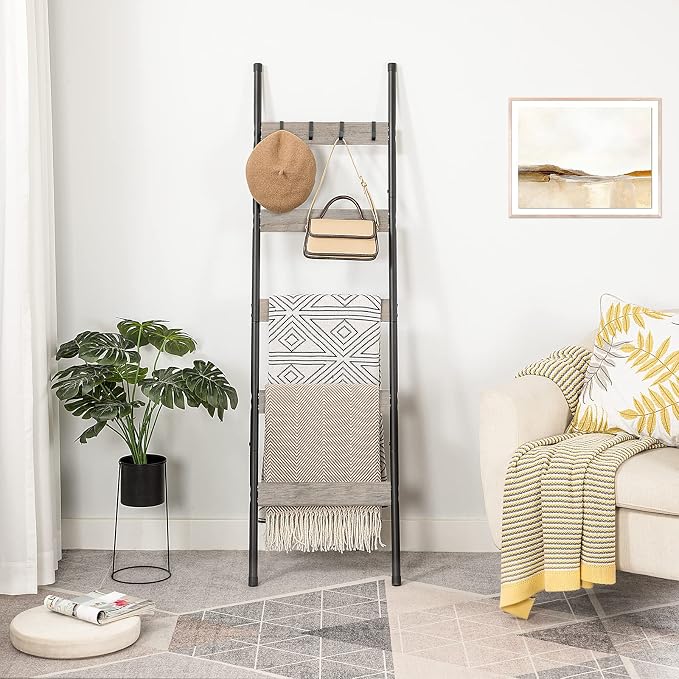 HOOBRO Blanket Ladder, 5-Tier Towel Rack with Hooks, Wall-Leaning Blanket Rack, Decorative Display Ladder Shelf, Scarves, Industrial, Living Room, Bedroom, Greige and Black BG52CJ01