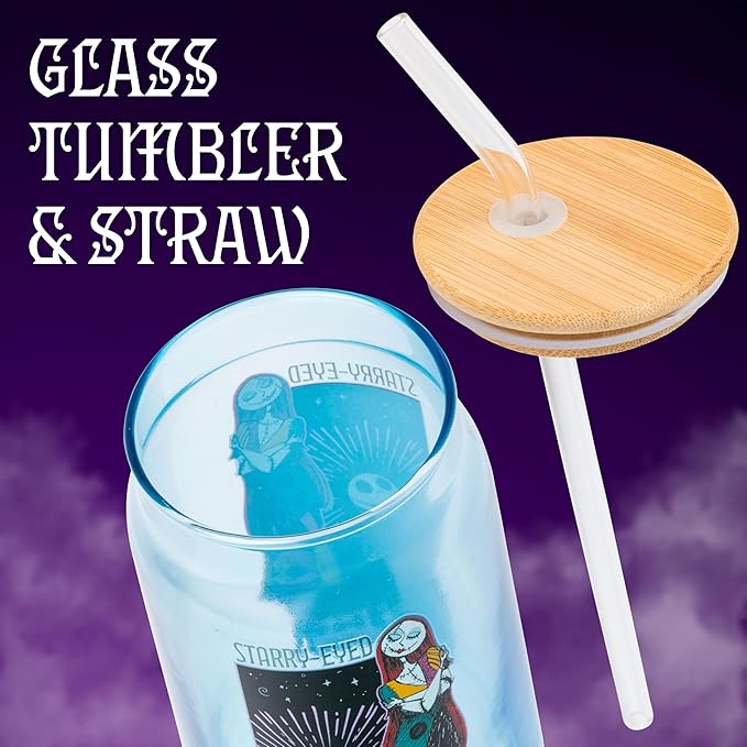Silver Buffalo Disney Nightmare Before Christmas Starry-Eyed Featuring Jack Skellington and Sally Blue Glass Jar Tumbler with Bamboo Lid and Glass Straw, 16 Ounces