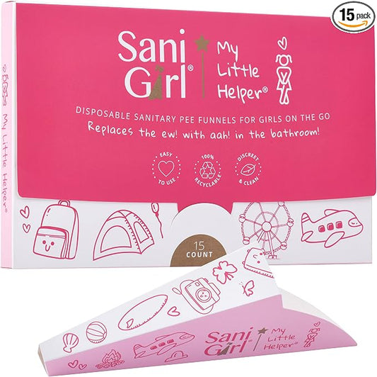 SanGirl My Little Helper Girl Pee Funnel | Disposable Pee Funnel | Pee Cup for Kids | Girl Urinal Portable | Travel Potty Aid for Girls to Stand to Pee and Stay Neat Clean On the Go (Pack of 15)