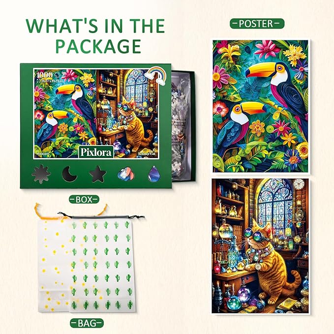 Puzzles 1000 Pieces for Adults, 2 Pack Unique Shape Puzzles for Adults, Toucans and Science Cat Theme, Fun Games in Party