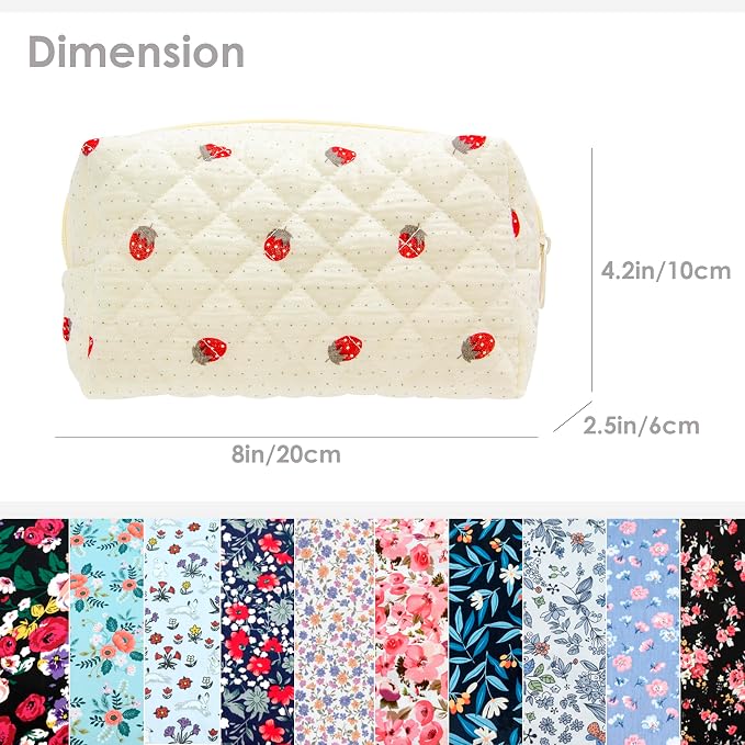 Small Quilted Makeup Bag,Zipper Cosmetic Pouch,Gauze Strawberry,2 Pack | Lightweight Cosmetic Bag Organizer for Women,Purse Storage Holds Makeup,Toiletries,Skincare,Beauty Essentials,Travel Items