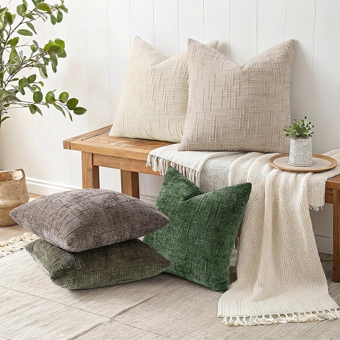 decorUhome Textured Chenille Throw Pillow Covers 18x18 Set of 2 Army Green | Fall Modern Farmhouse Soft Cozy Slubby Couch Pillow Cases Boho Decorative Pillow Cases for Bed Sofa Living Room Home Decor