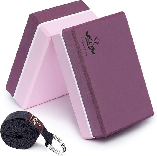 Heathyoga Yoga Blocks 2 Pack with Strap, High Density EVA Foam Yoga Block and Yoga Strap Set to Support and Improve Poses and Flexibility
