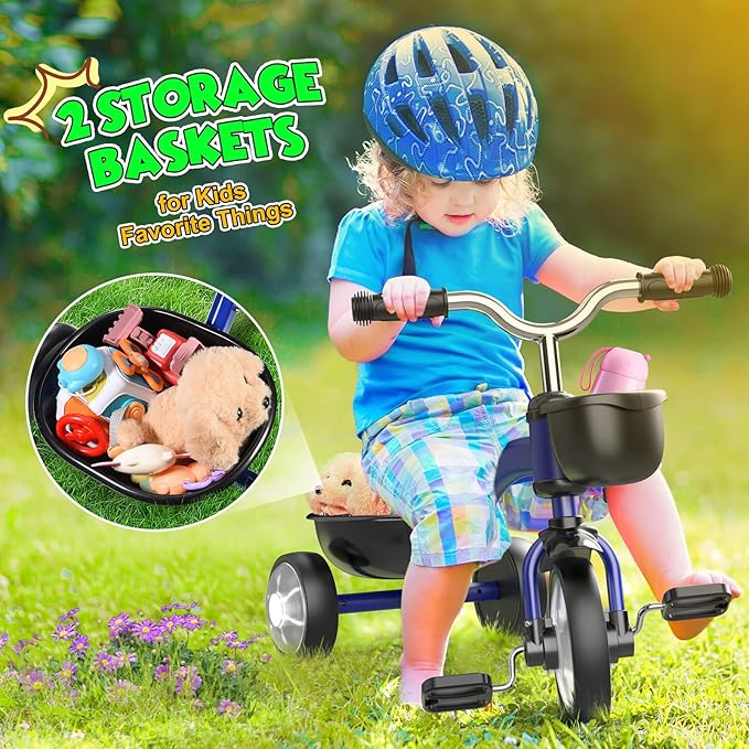 Toddler Tricycle for 1-3 3-4 Year Olds, Toddler Baby Bike, 2 3 4 Year Old Boys Girls Birthday Gifts, Outdoor Riding Toys for Ages 2-4, 3-Level Adjustable Seat, 3 Color Light Wheels, 2 Baskets