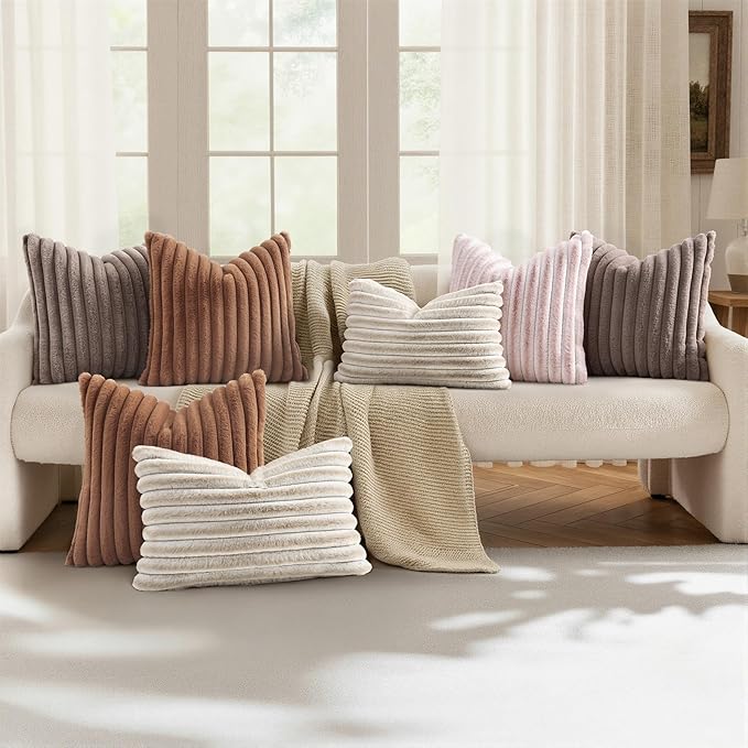 decorUhome Fall Faux Fur Throw Pillow Covers 12x20 Set of 2 Brown | Decorative Soft Cozy Striped Plush Modern Farmhouse Boho Couch Pillow Cases Velvet Back for Sofa Bed Living Room Home Decor