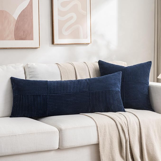 Fancy Homi 2 Packs Navy Blue Decorative Throw Pillow Covers 16x16 Inch for Living Room Couch Bed, Rustic Farmhouse Boho Home Decor, Soft Corss Patchwork Corduroy Textured Square Cushion Case 40x40 cm