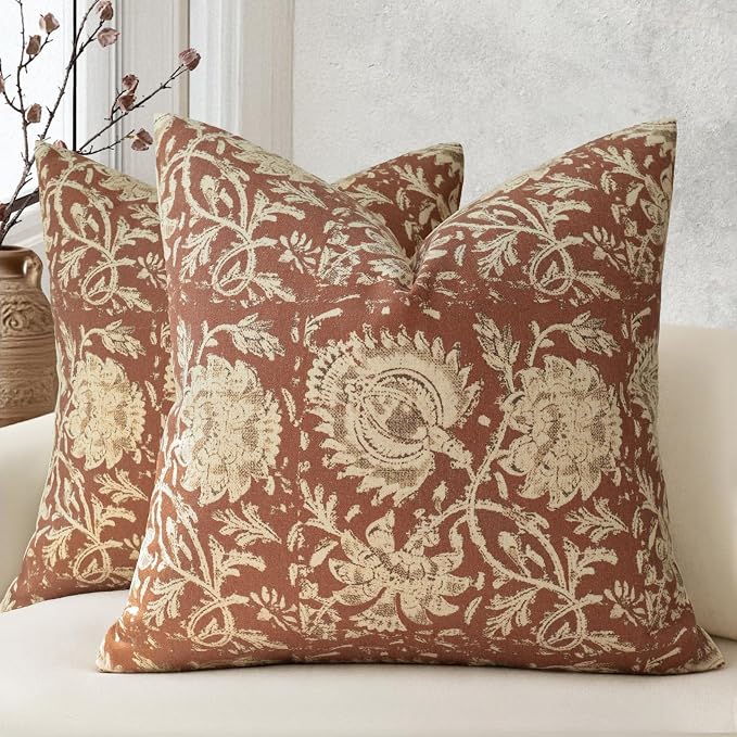 Fall Pillow Covers 22x22 Set of 2 Printed Floral Throw Pillows Farmhouse Pillow Cases Vintage Decorative Cushion Covers Fall Decorations for Couch Sofa Chair Bed Living Room, Rust