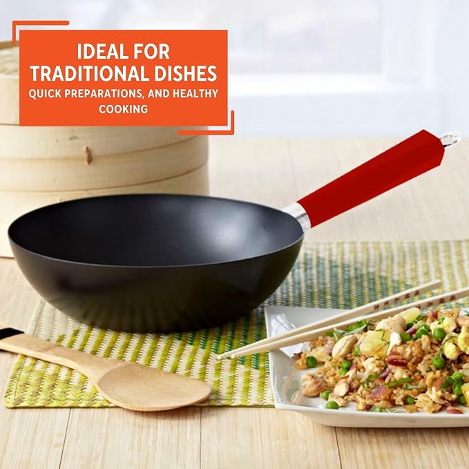 IMUSA USA Inch, Red PAN-10046 12" Nonstick Carbon Steel Wok, Handle | Hanging Ring, Ideal for Stir-Frying, Great for Cooking a Variety of Dishes