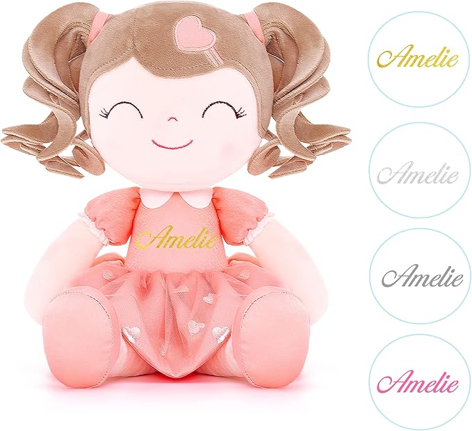 Gloveleya Personalized Baby Girl Gifts – Soft Plush Rag Doll with Name Embroidery, Curly Hair Orange Heart Dress, 16 Inches Cute Companion for Kids, Birthday