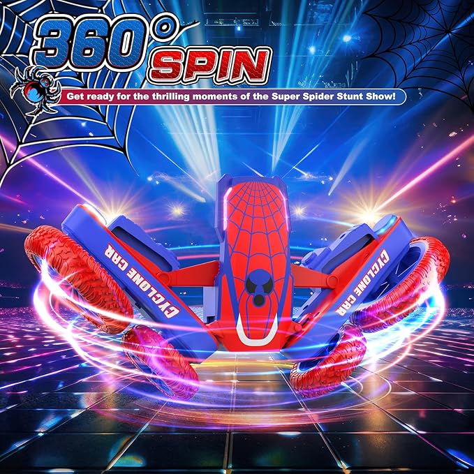Spider Remote Control Car for Kids - 2.4Ghz Fast RC Stunt Cars, 360° Rotating 4WD RC Crawler with Lights, Rechargeable Car Toy for Boys Ages 6 7 8 9 10 Birthday Blue&Red